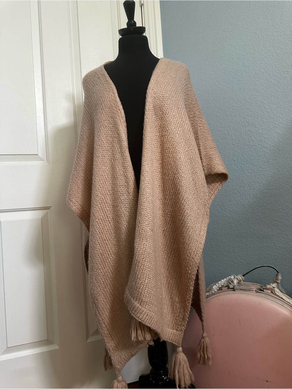 Women's Cream Knit Poncho Sweater with Tassels